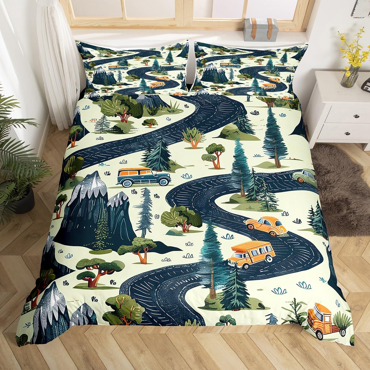 

Road Traffic Themed Duvet Cover Set Queen King Size Lightweight Down Quilt Covers Room Decor Transport Bedspread Covers No Quilt EU Single(135x200cm)