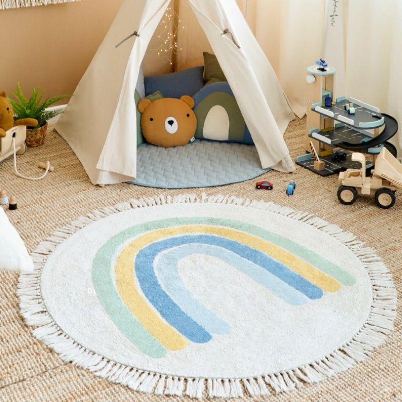 Round Fluffy Carpet For Living Room With Tassels,White Hairy Nursery Play Mat For Children,Soft Plush Bedroom Rugs For Kids