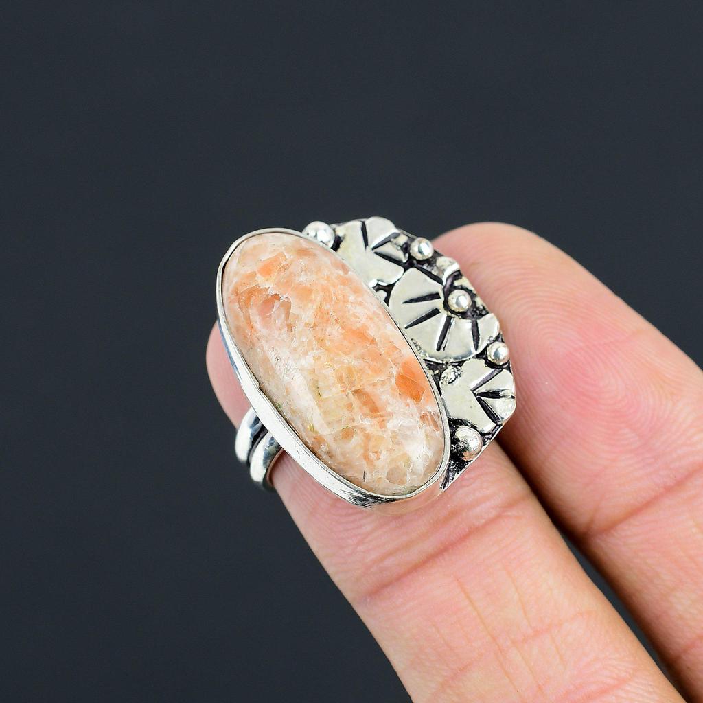 Daughters Day Sale Sterling Silver Natural Sunstone Statement Ring Jewelry US 6