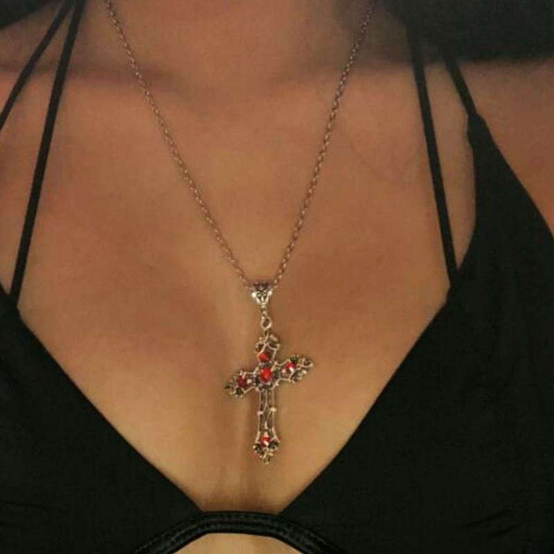 Large Gothic Cross Drill Pendant Jewelry Necklace Silver Color Red Tone Punk Jewellery Fashion Charm Statement Women Gift