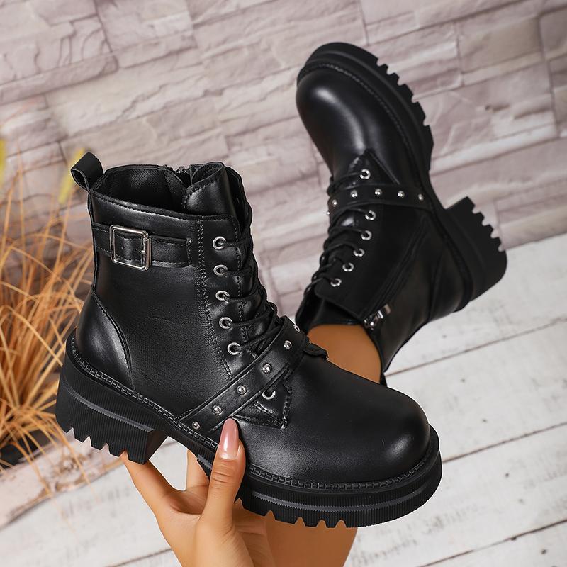 Plus Size 42 Autumn Winter Combat Boots for Women Fashion Chunky Heel Platform Ankle Boots Woman Black PU Leather Punk Booties