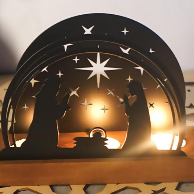 Christmas Candle Holder Metal Nativity Scene Candlesticks Decorative Candle Stand Holiday Candle Holder With Wood Base For