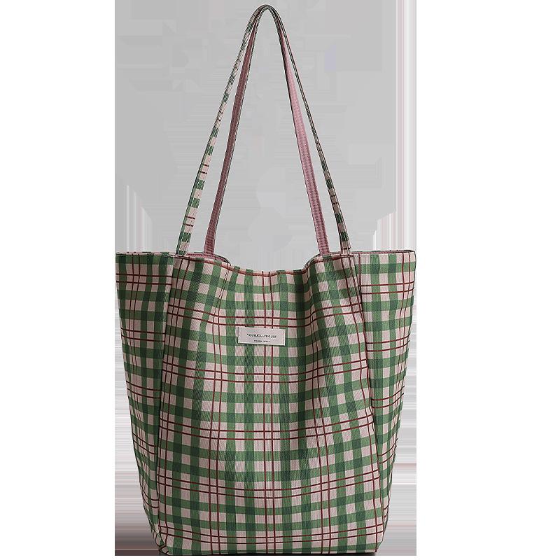 Summer fresh wind student versatile schoolbag new retro plaid large capacity double-sided tote bag women