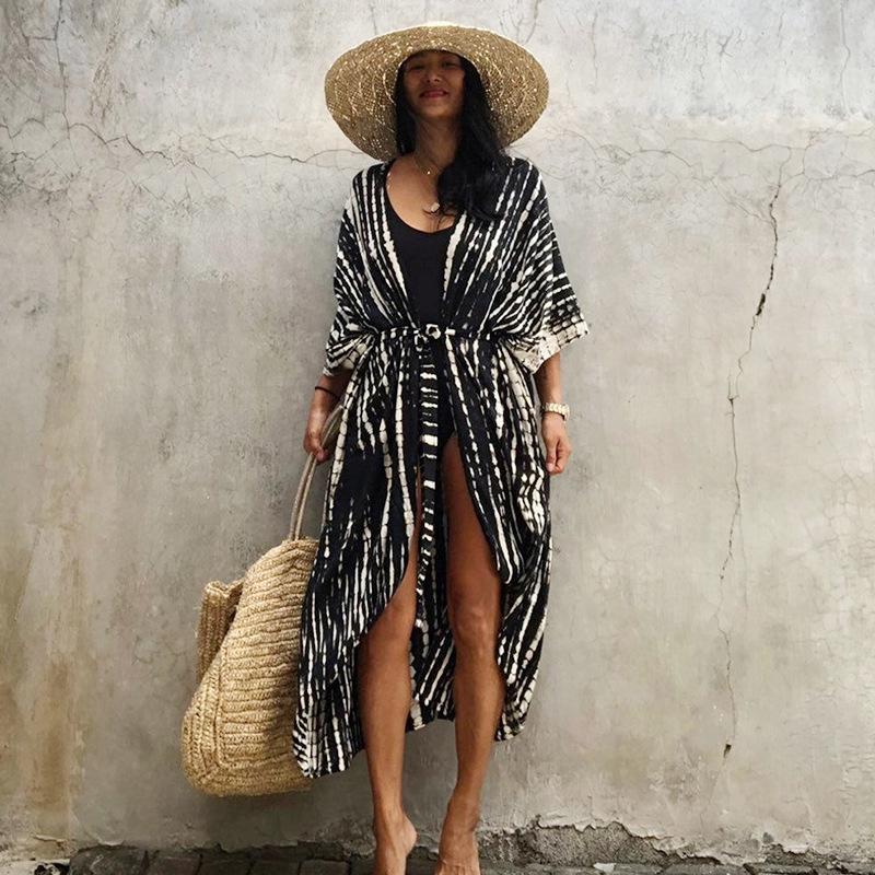 Black & White Tie-Dye Cardigan Beach Dress & Swimsuit Cover-Up