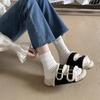 Fashion Women's Fashion Flat Woolen Shoes Autumn New Round Head Open Toe Belt Buckle Thick Bottom One Word with Cashmere Cotton Slippers
