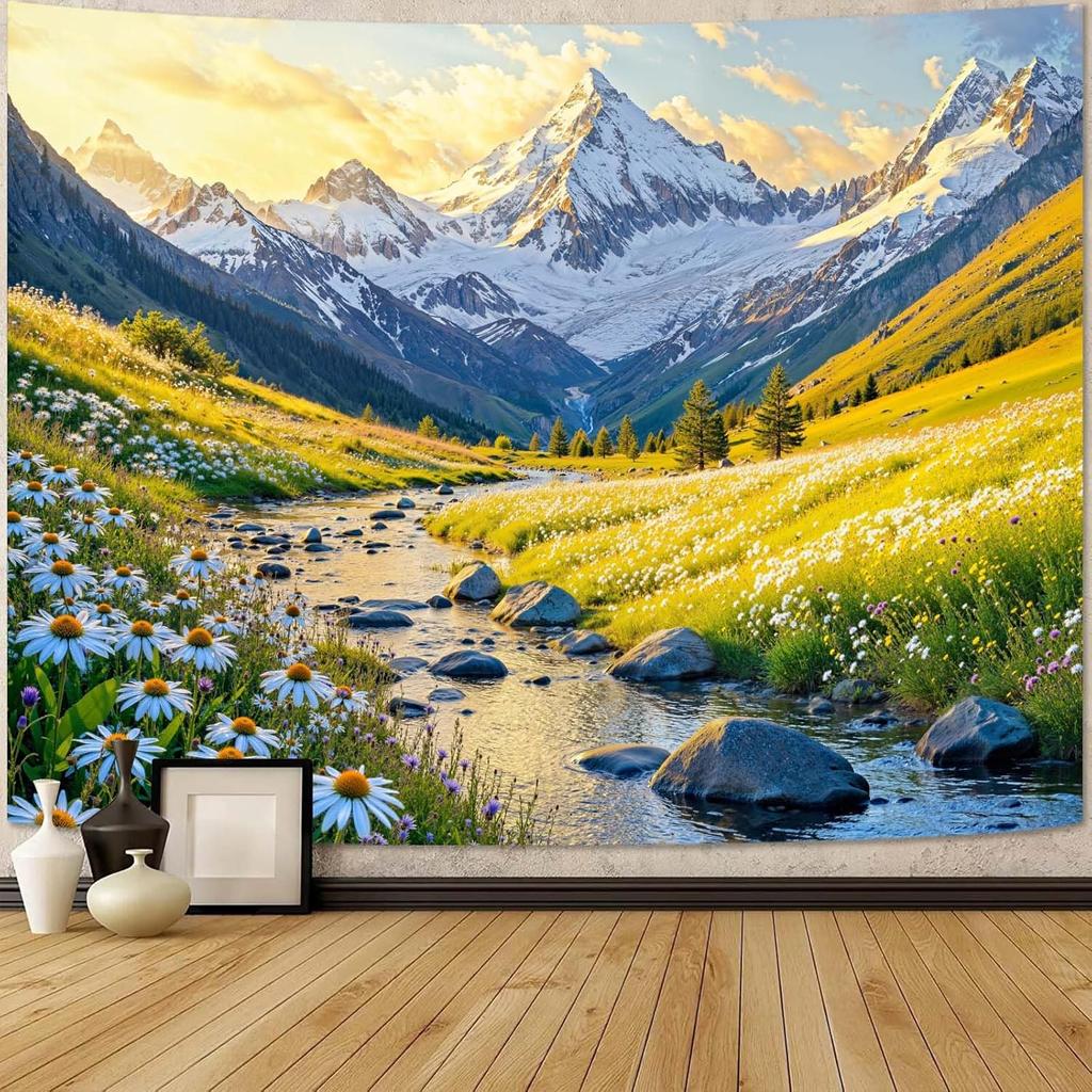 Nature Mountain Tapestry Daisy Flower Yellow Meadow Tapestry for Bedroom Aesthetic Sunlit Valley Snowy Stream Landscape Small