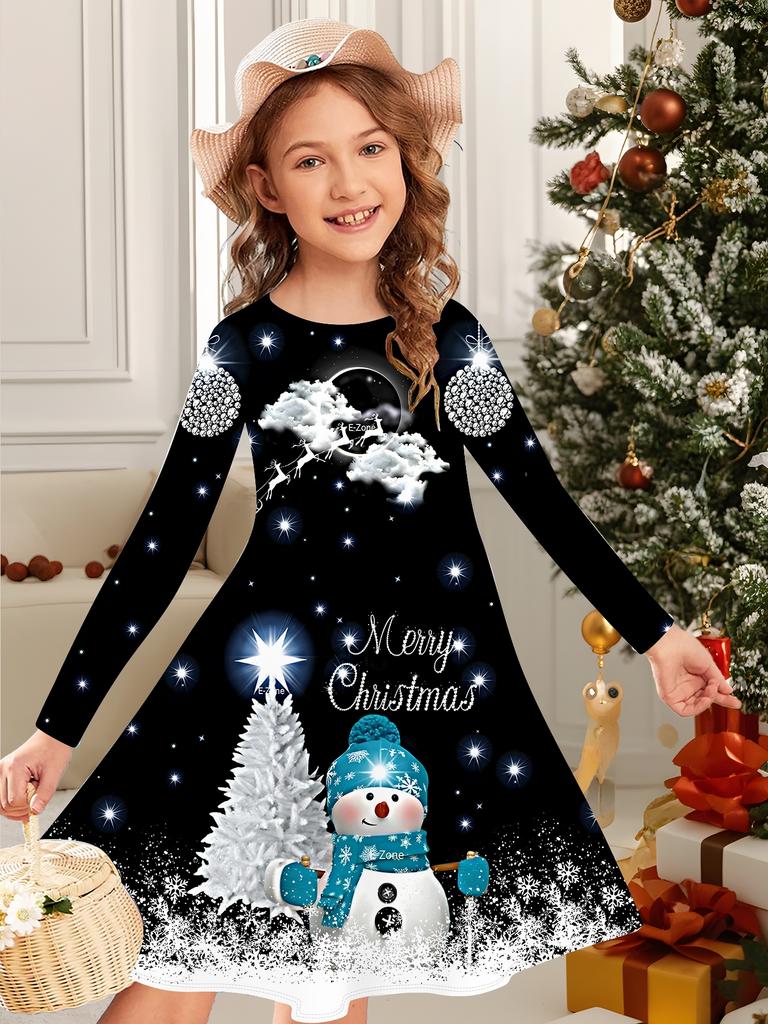 Mädchen Herbst- und Wintermodekleid, 3D Weihnachtsprint Rundhalsausschnitt Lang Kinder-T-Shirt-Kleid, Lässig Vielseitig, Weihnachtskleidung