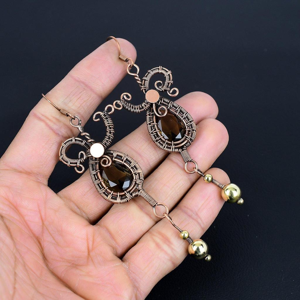 Smoky Topaz Earrings, 999 Copper Wire Wrapped Earrings, Handmade Gemstone Jewelry Earrings For Memorial Day