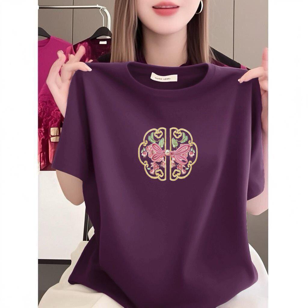 Chinese Embroidery Short Sleeve T-shirt - Women's Plus Size, Slim Fit, Stylish and Loose.