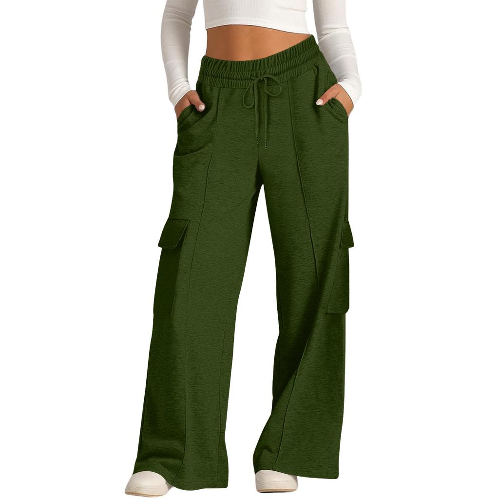 Women's Casual Fashion Solid Color Elastic Waist Drawstring Workwear Wide Leg Pants With Pockets
