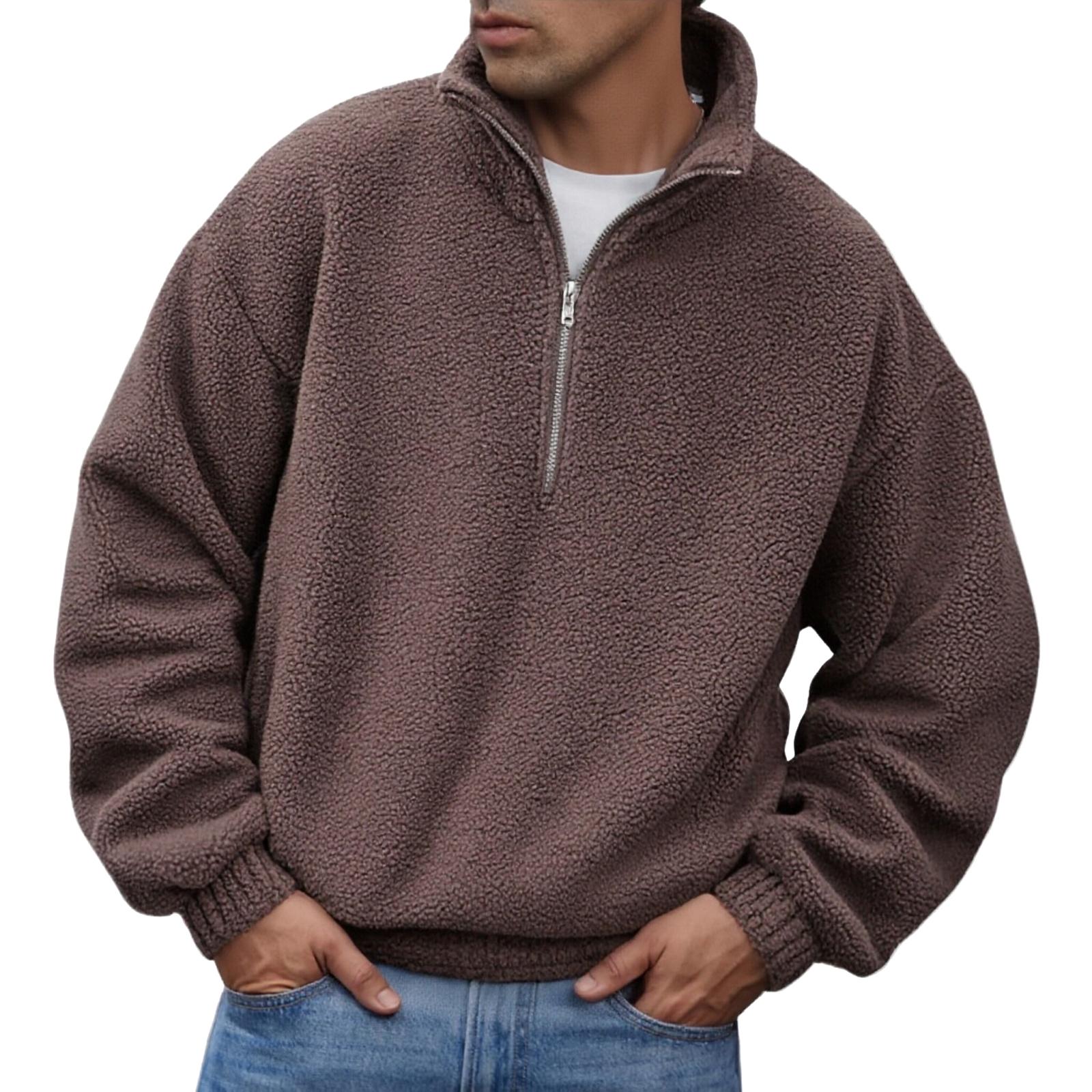 

Мужской повседневный, модный, ретро однотонный топ с длинными рукавами и высоким воротом на половину молнии, мужской утолщенный теплый свитшот из овчины XL кофейный