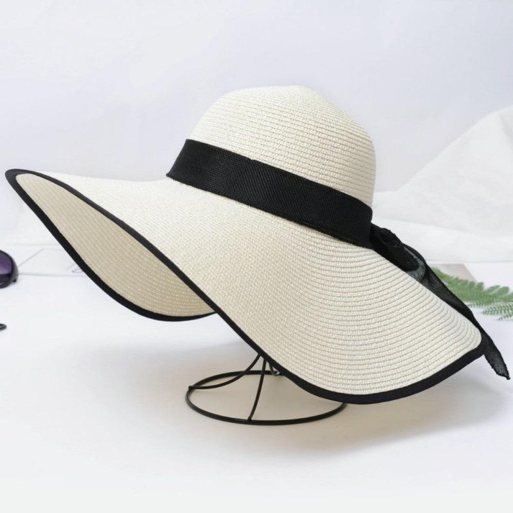 Lightweight Big Brimmed Straw Hat with Lace Ribbon Woven Sun Cap Vacation Beach Cap  Daily