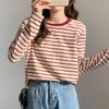 Striped long-sleeved t-shirt women's spring and autumn new loose cotton green thin bottoming shirt with  inside