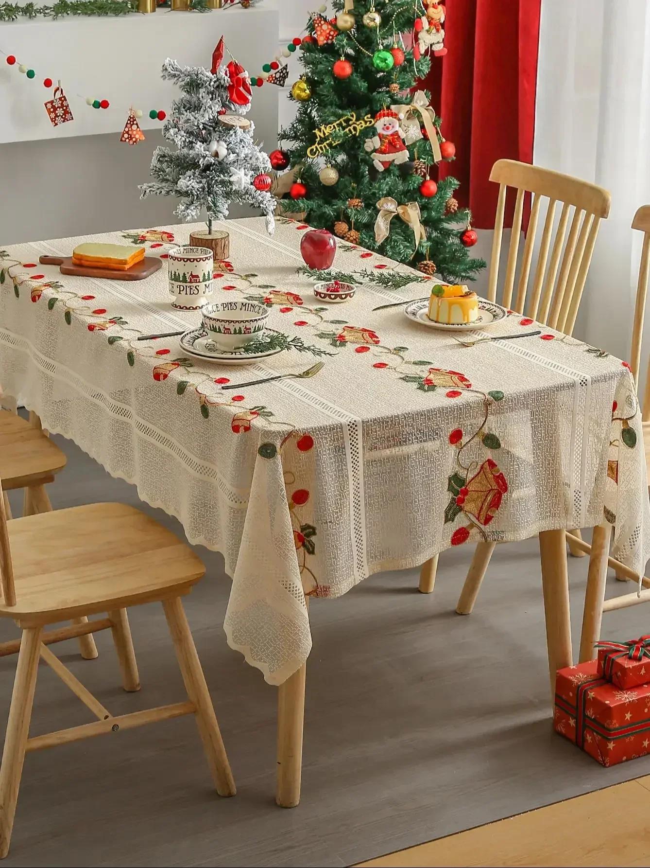 

1PC Christmas Embroidered Lace Tablecloth Bells Party Dining Kitchen Table Rectangle Beautifying Decorative Table Cover 140x140cm Лляний
