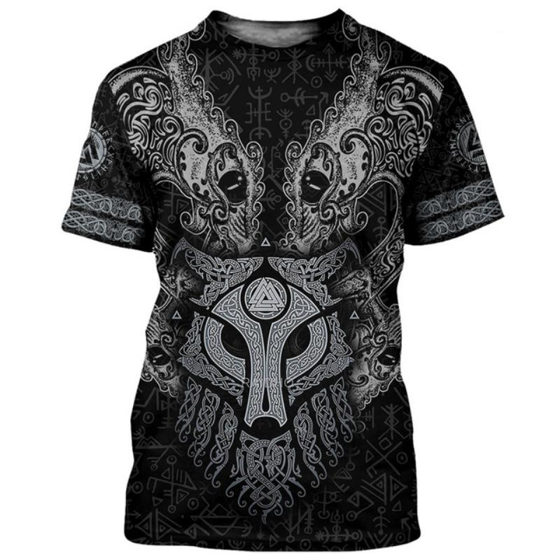 Fashion Personality Viking Print T-shirt Men's Casual O-neck Short Sleeve Top Hip Hop Harajuku Clothing Summer Oversized Shirt