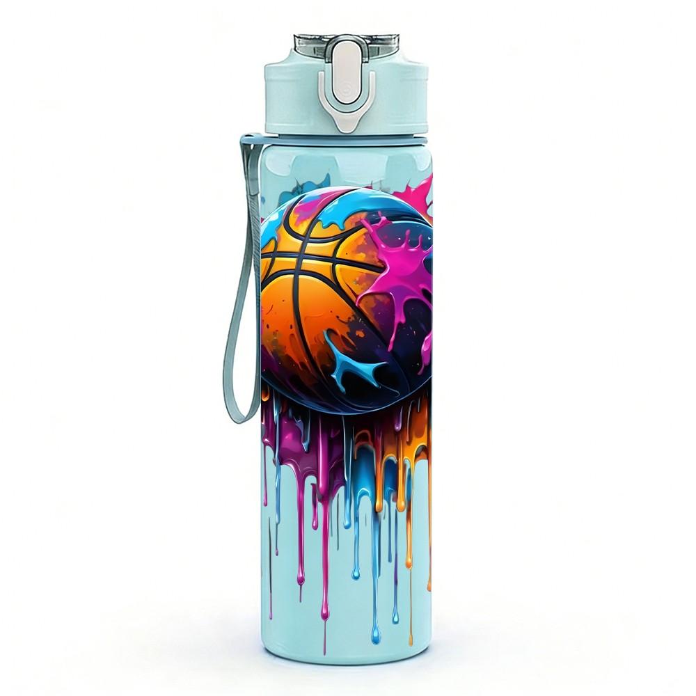1PC Splash Basketball Color Sports Print 750ml Color Plastic Sports Water Bottle Leakproof Flip Straw Lid Suitable for Sports Office Home Use
