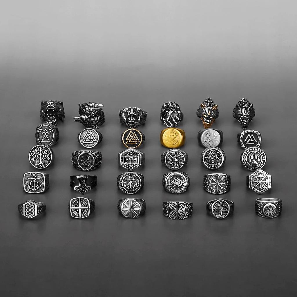 Nordic Viking Stainless Steel Ring Anchor Compass Tree of Life Rune Amulet Wolf Men Women Finger Jewelry Biker Party Club Gift