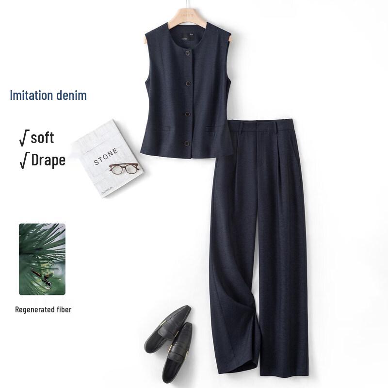 IHIMI Women s Retro Denim-Look Vest & Straight-Leg Pants Set L