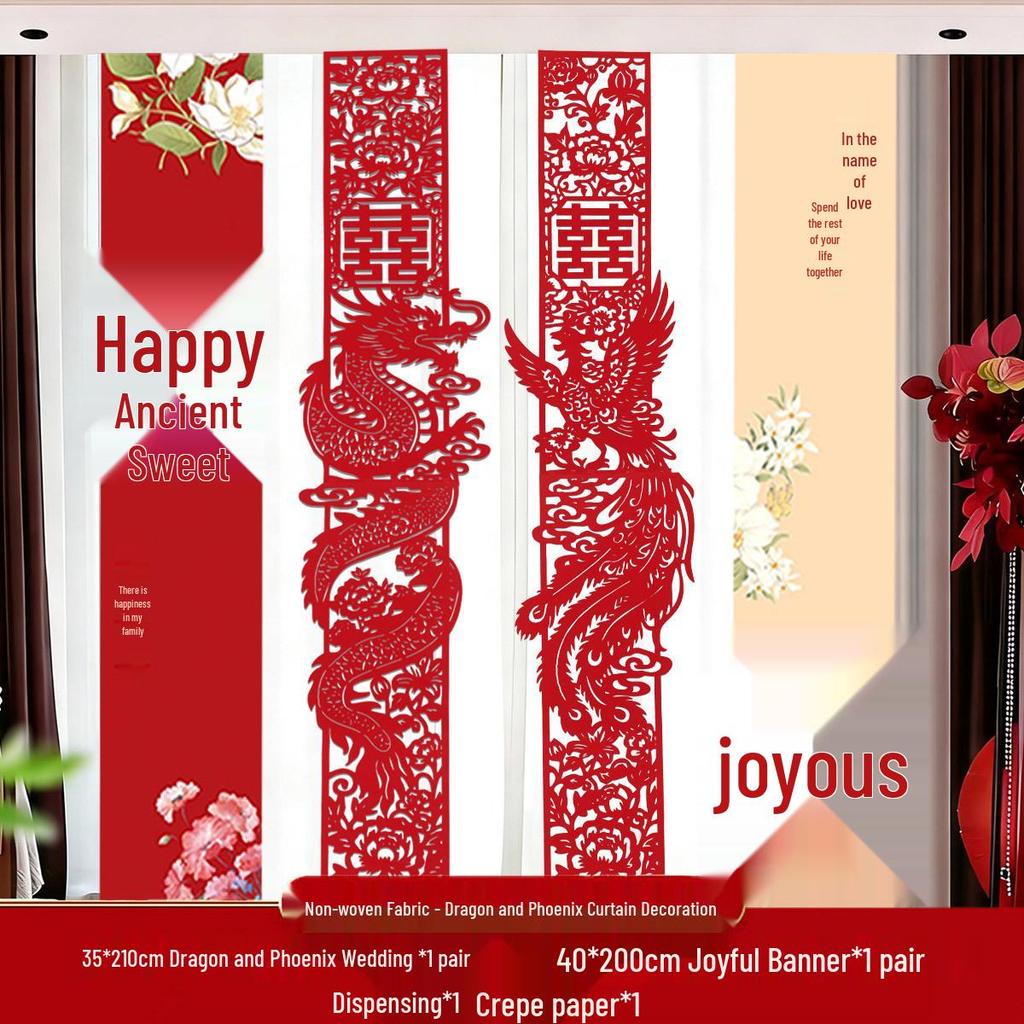 Wedding Room Décor Set: 'Xi' Character Curtains & Banners for Bride & Groom's Rooms