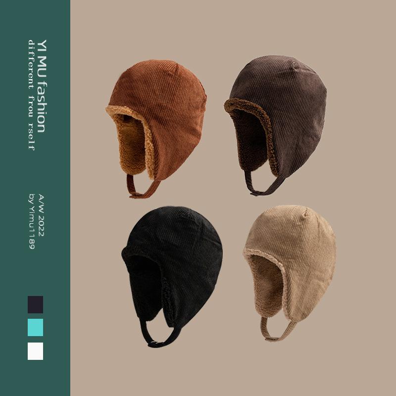 Corduroy flight cap, unisex, for skiing, warm, with fleece lining, ear-covering design, suitable for cycling, and resembling a Lei Feng cap
