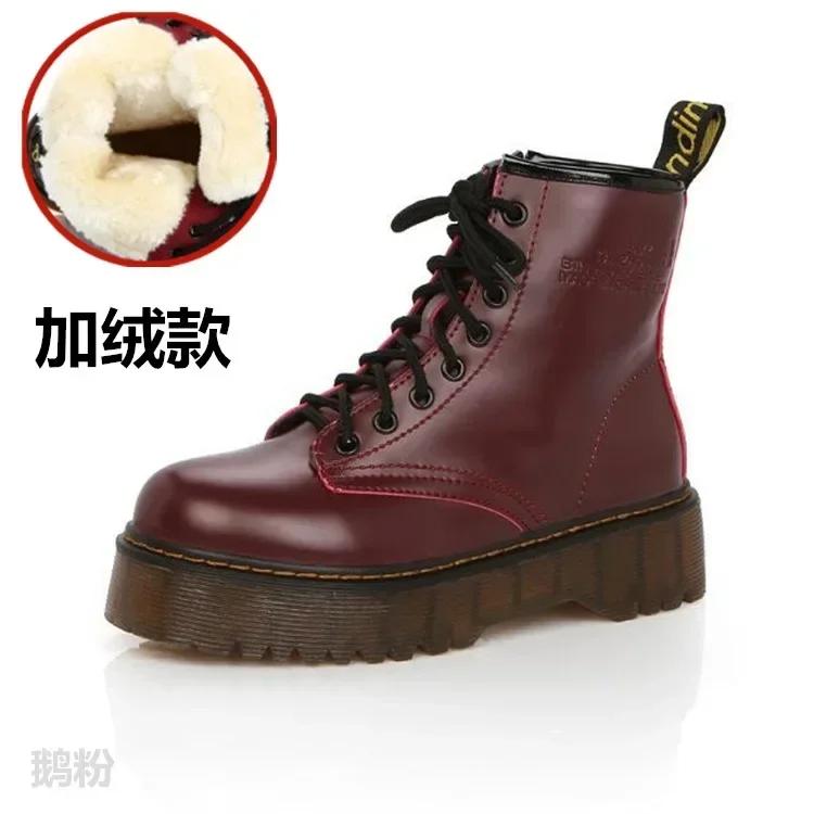 

Fashion 2025 Womens Autumn Winter Ankle Boots Lace Up Flat Heels Fur Cotton Padded Platform Shoes Woman Leather Motorcycle Botas Mujer 35