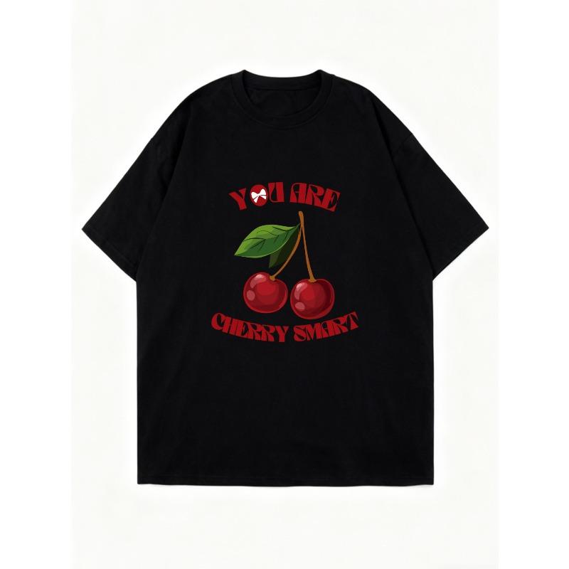 Oversized T Shirt Black Cherry Print With You Are Cherry Smart Text Casual Streetwear For Women
