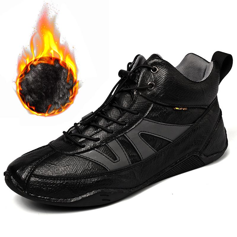Men's High-Top Autumn Casual Leather Shoes - Genuine Leather, Soft Sole, Work Boots, Outdoor, Plus Velvet Cotton Lining