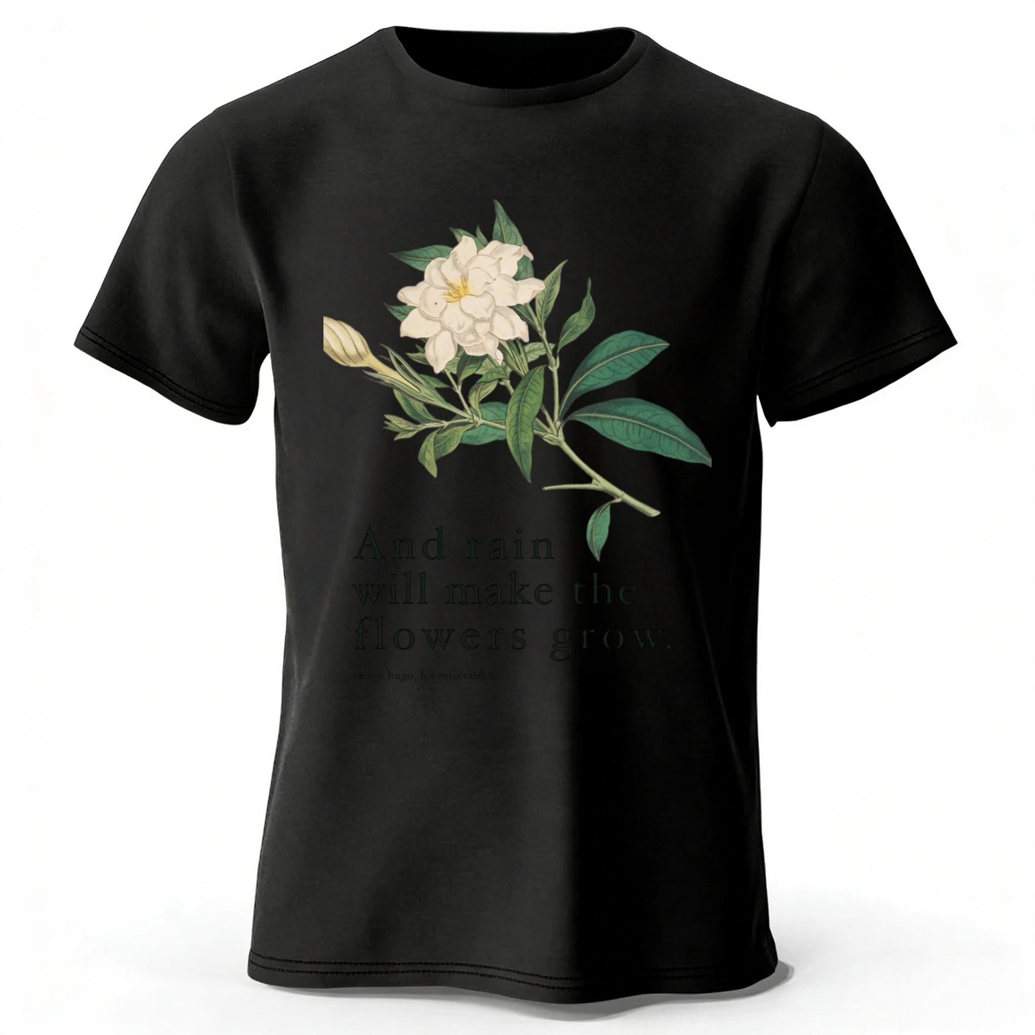

Literary Retro Style Flower and Rain Pure Cotton Tshirt for Menwomen Fashionable Casual Plus Size Loose Short Sleeved Soft Top S