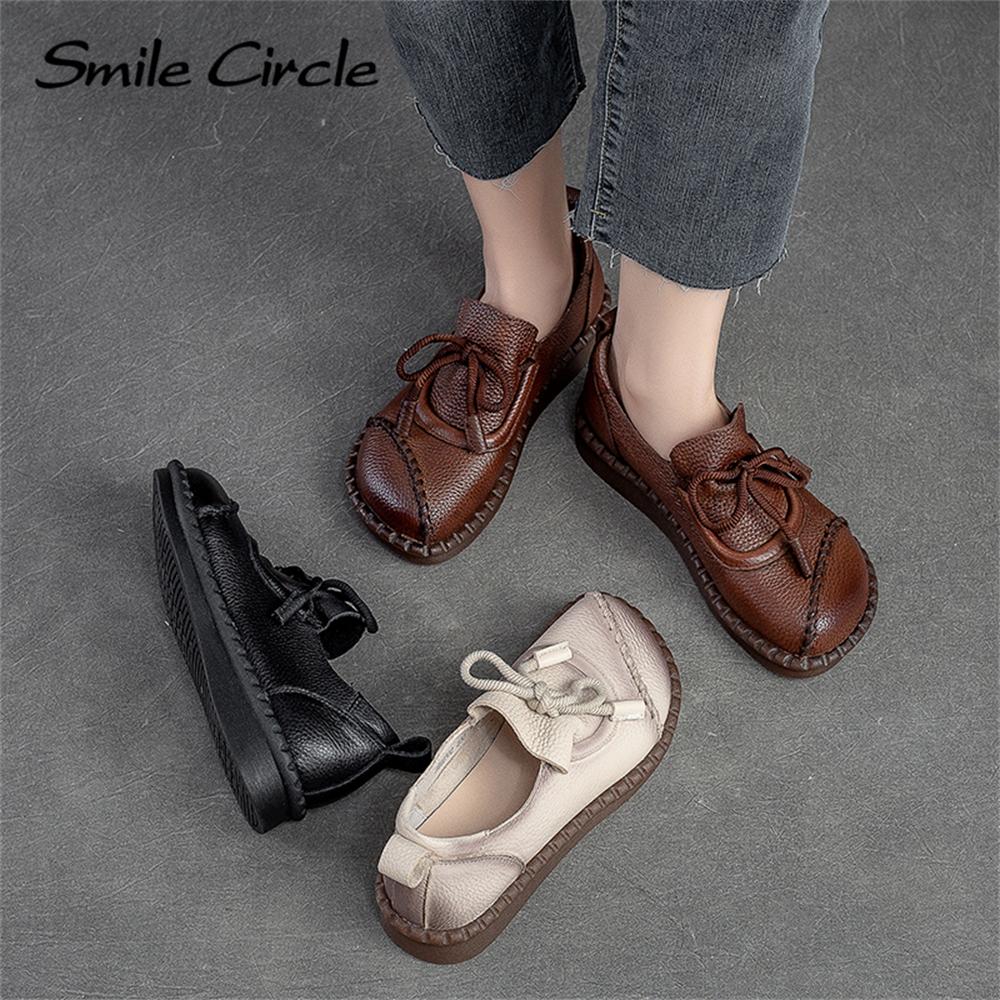 Chaussures plates en cuir naturel pour femmes, chaussures basses décontractées à lacets, chaussures de travail rétro à la mode pour femmes