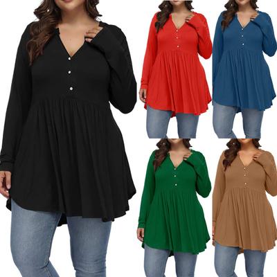 Women's Large Size Casual Color V-neck Buttoned Waist And Large Hem Stitching Long-sleeved Loose T-shirt Top