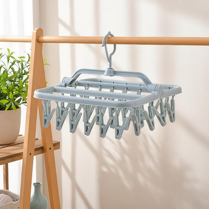 Foldable Laundry Drying Rack With 32 Clips 360 Rotating Hook For Home Dorm Use
