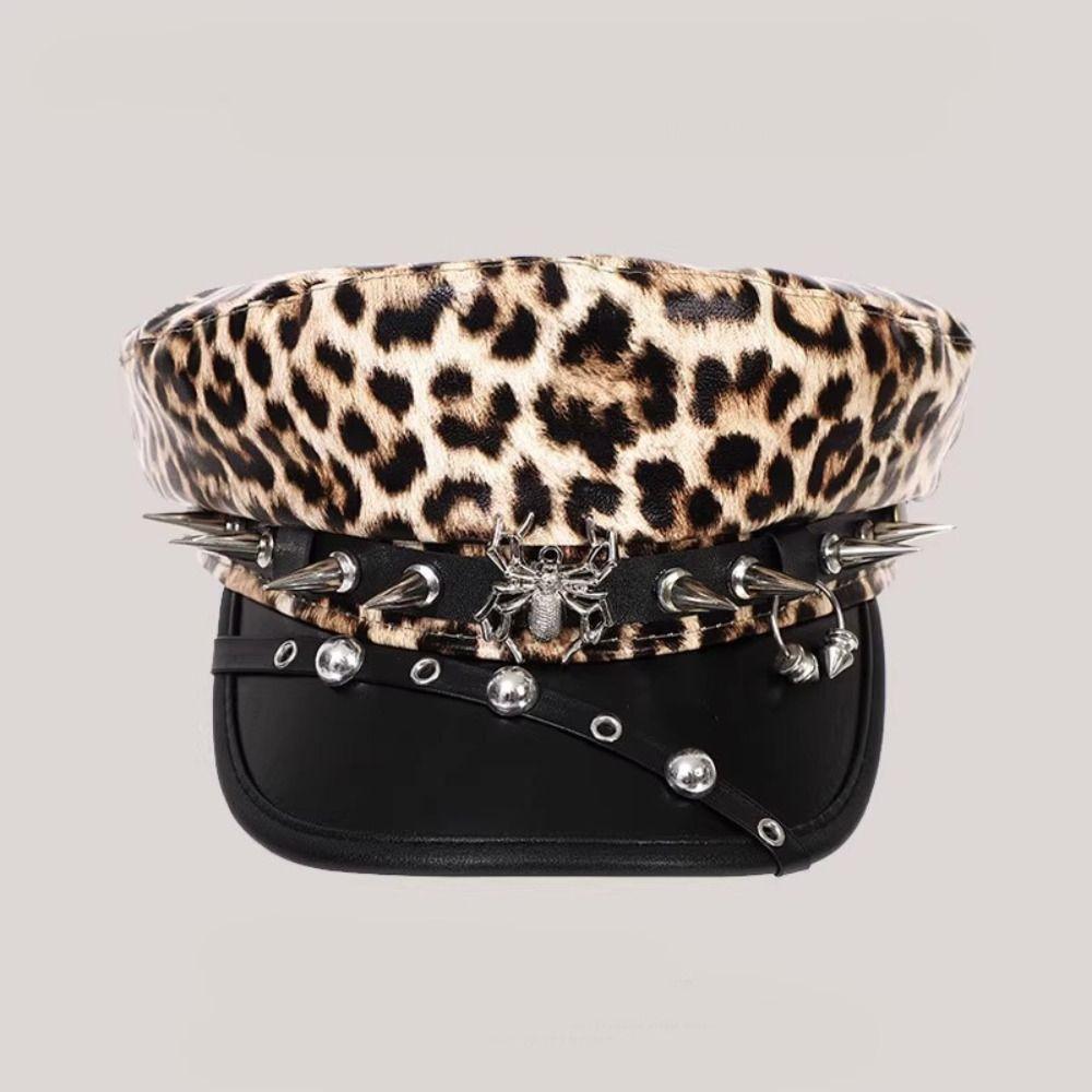 Harajuku Rivet Leopard Hat Punk Flat Top Cap Vintage Y2k Beret Hat  for Girls