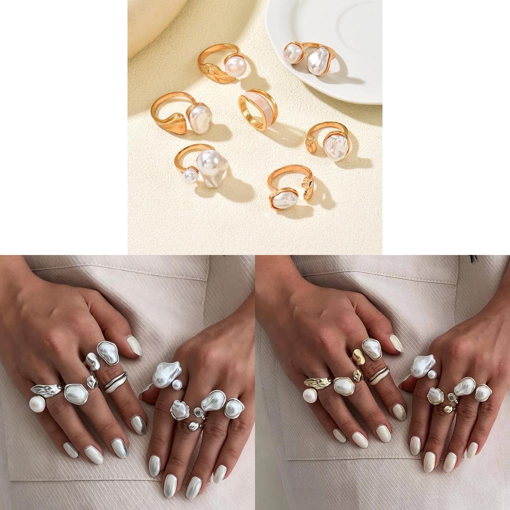 Pearl Ring Set For Women Geometric Vintage Baroque Design With Electroplated Finish For Fashion Jewelry