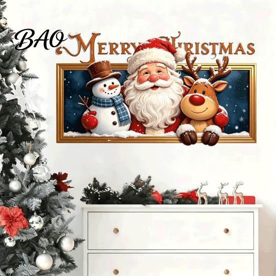 Decorative Window Clings for Holidays Christmas Wall Stickers, Santa Claus Reindeer And Snowman Decals with Photo Frame PVC Stickers Design, Removable