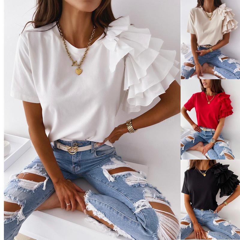 T-shirt da donna 2026 Estate Manica Corta con Volant Girocollo Semplice ed Elegante