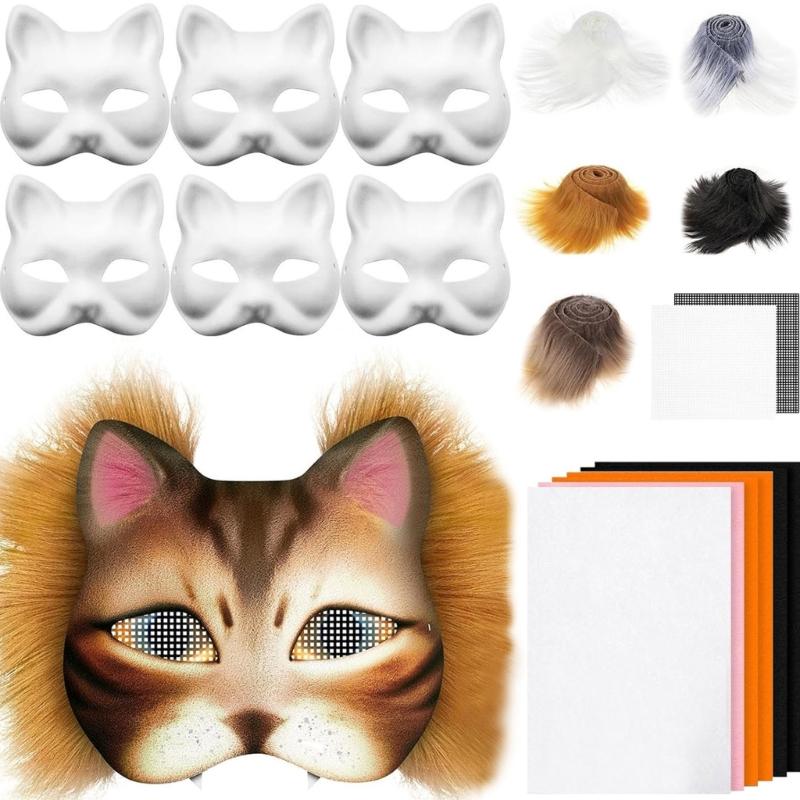 Cats Foxes Mask with Furs Eye Meshes Gem Sticker,Therians Dress Up Mask to Paint,Animal Mask Arts Craft Kit,Costume Mask