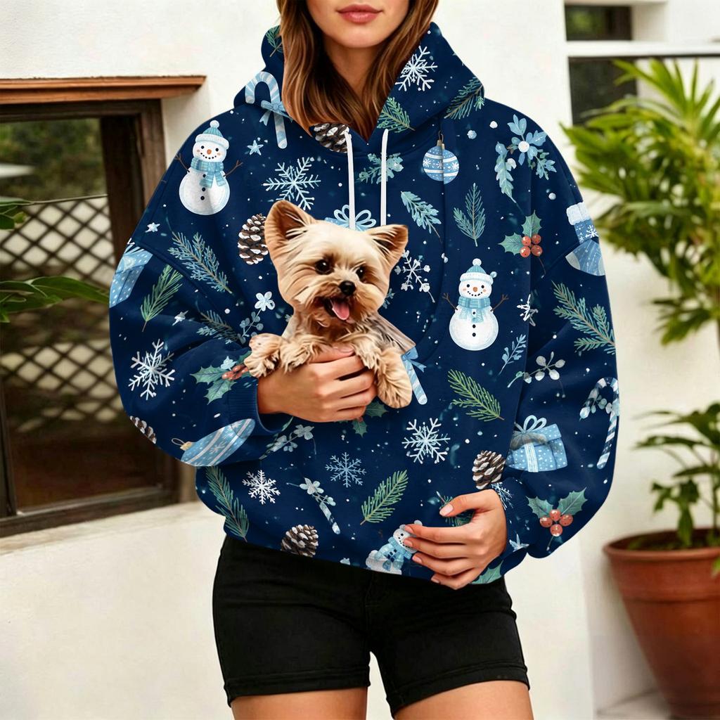 Women's Fashion Christmas Print Pullover Hoodie with Large Pet Pocket for Casual Wear