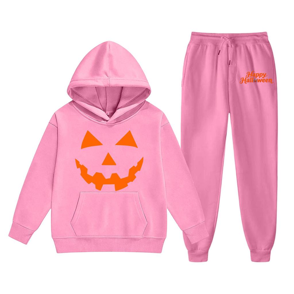 Kids Halloween Hoodie and Sweatpants Set Pumpkin Face Print Hooded Sweatshirt and Matching Bottoms Comfortable Fit for Children