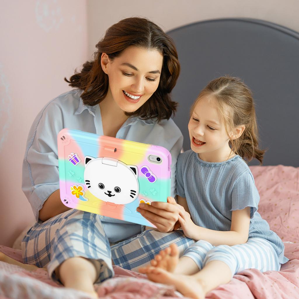 For iPad (2025)/iPad 10.9 (2022) Case PC + Silicone Colorful Tablet Cover with Cat Kickstand/Shoulder Strap