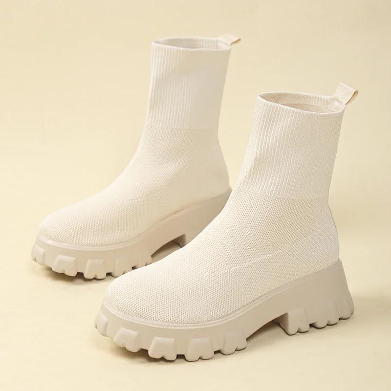 Spring Autumn New Women's Mid Calf Hoof Heels Sock Boots Slip on Round Toe Shoes for Women Ladies Breathable Platform Boots