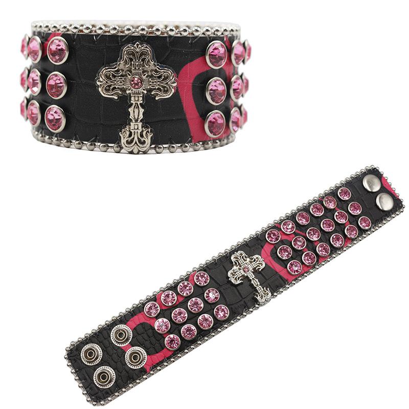 Cross-set Diamond Design Rhinestone Bracelet with Hip-hop Trendy PU Leather Bracelet Design