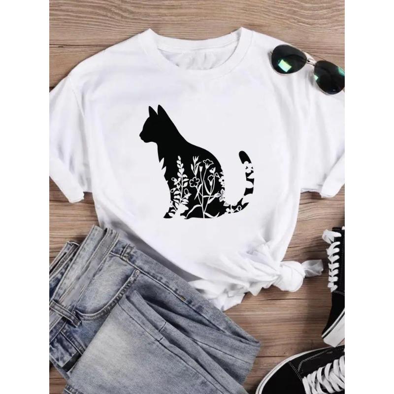 Short Sleeve T Top T-shirts Women Tee Print Summer Cartoon Cat Love Valentine Shirt Female Graphic Fashion Clothing Shirt