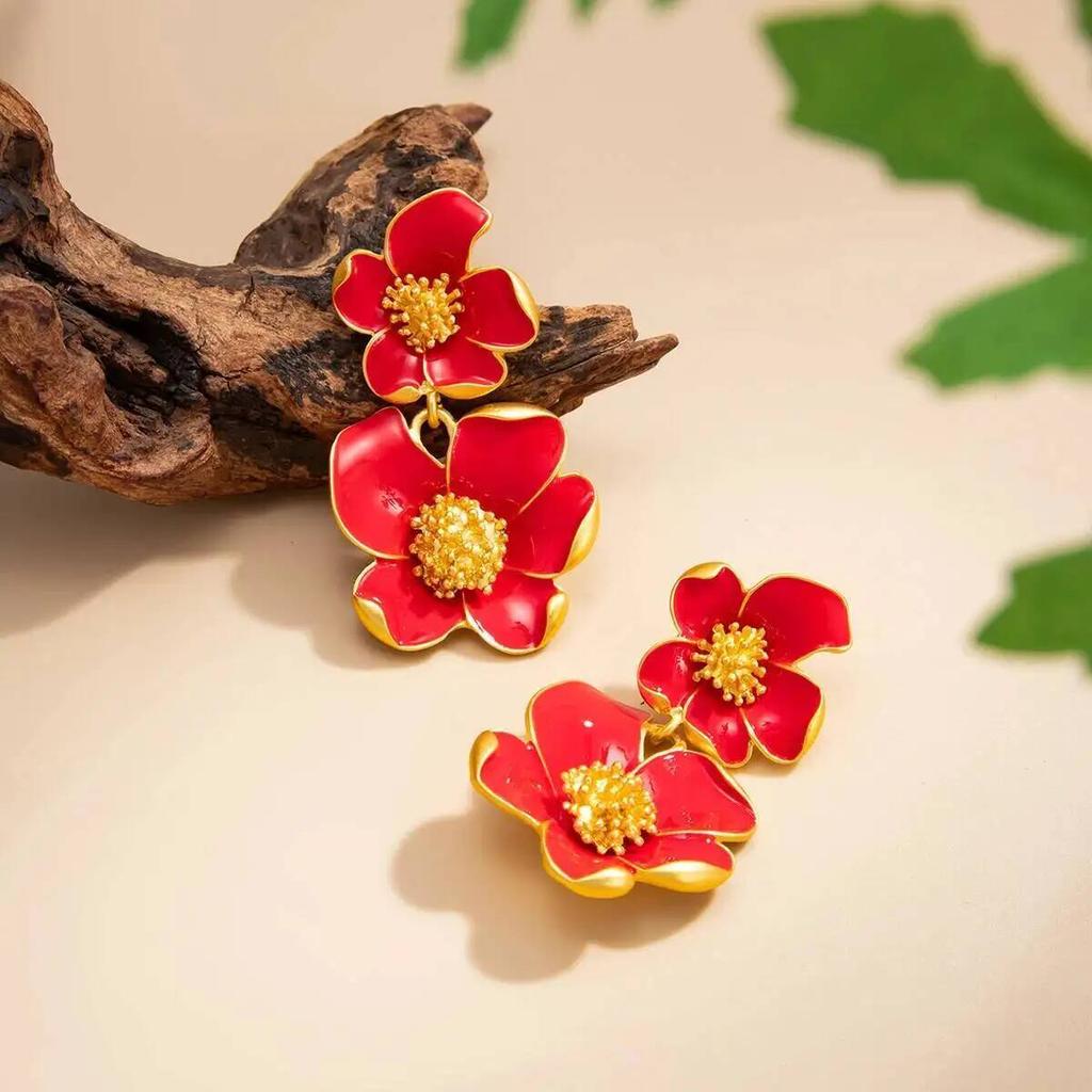SHIXIN Vintage Exquisite DoubleLayer Oil Dripping Flower Stud Earring Women Romantic Trendy Piercing Ear Daily Wear Jewelry Gift