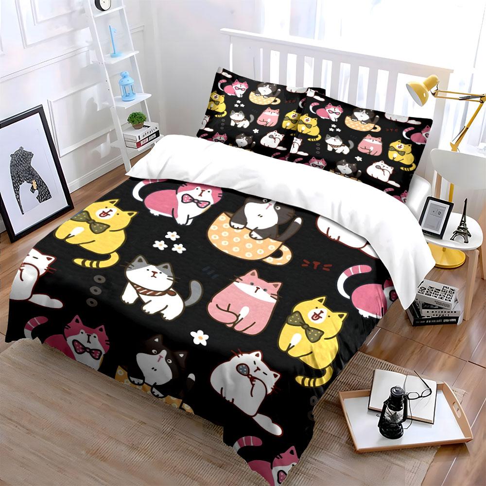 Cute Cat Pattern Decoration Set Bedding Set with 1 Duvet Cover 2 Pillowcases Single Double King Queen, Gift