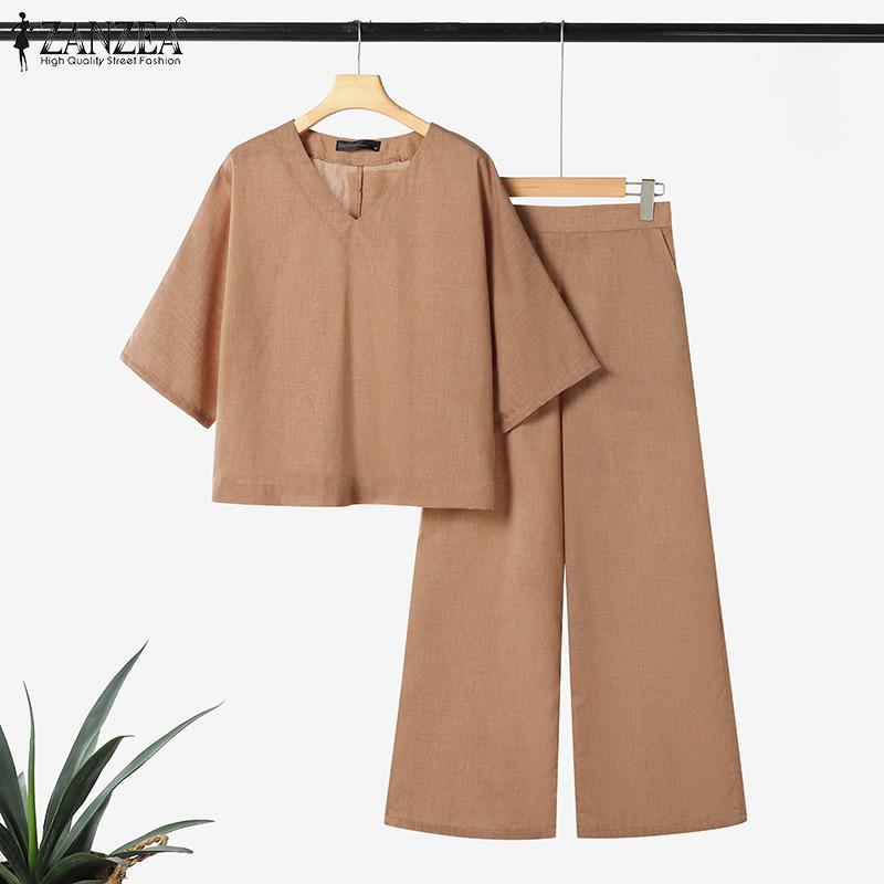 ZANZEA Women Half Sleeve Blouse and Pants Summer Two Piece Suit Sets