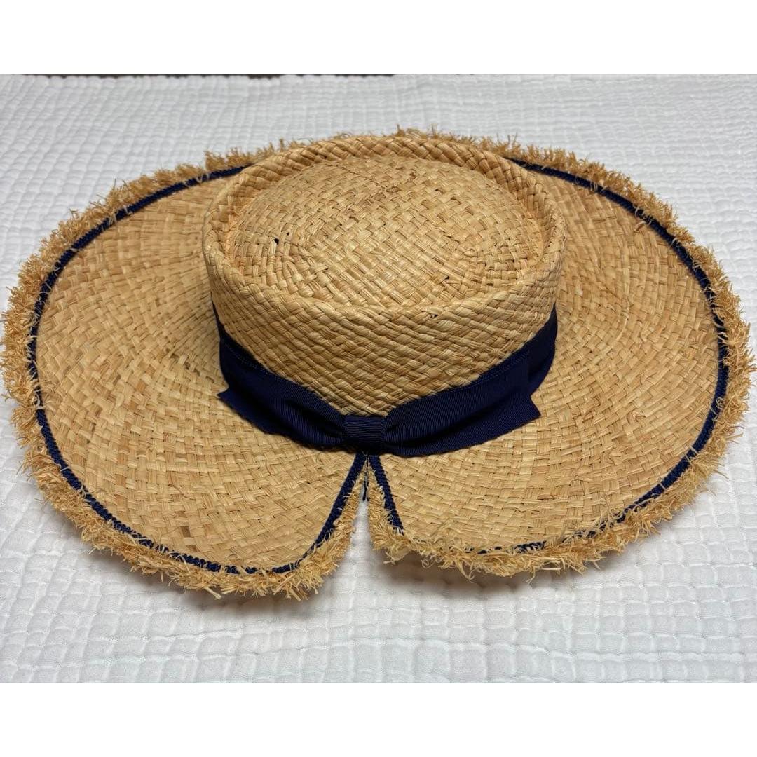 Used CA4LA Straw Hat Navy Ribbon Fringe