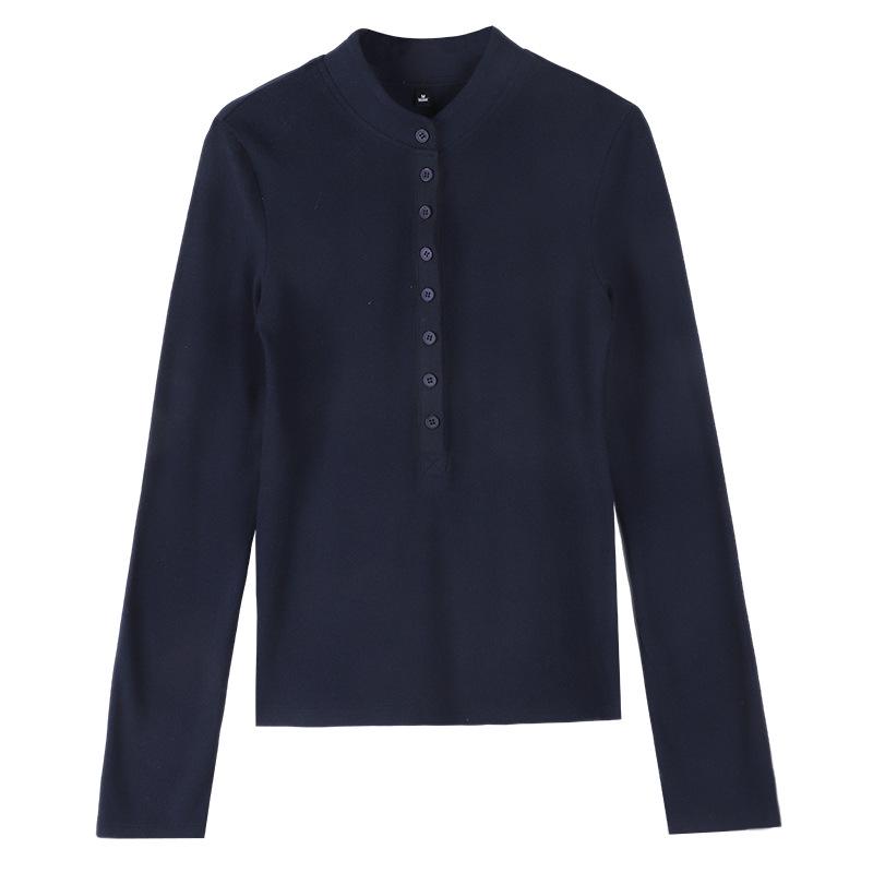 2025 Autumn Women's Long Sleeve Henley Top - Slim Fit Knit with Button Detail