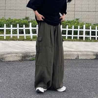 Men Pants with Multi Pockets Elastic Waist Wide Leg Oversized Vintage Cargo Pants Solid Color Streetwear Slacks for Outdoor Hiking Camping