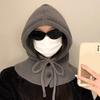 Hooded Scarf Hat Solid Color Adjustable Drawstring Pullover Hat Buttons Closure Knitted Winter Hat Loose Fit Neck Gaiter