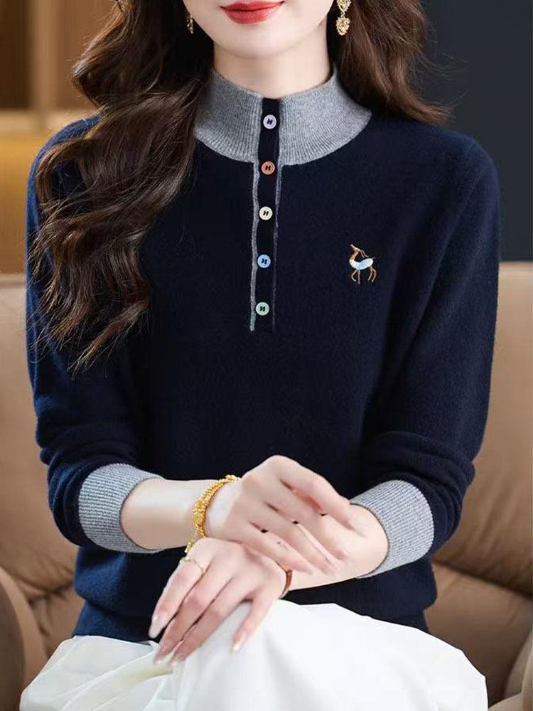 2026 Women's Stylish Loose Fit Color Block Embroidered Red Wool Sweater Base Layer